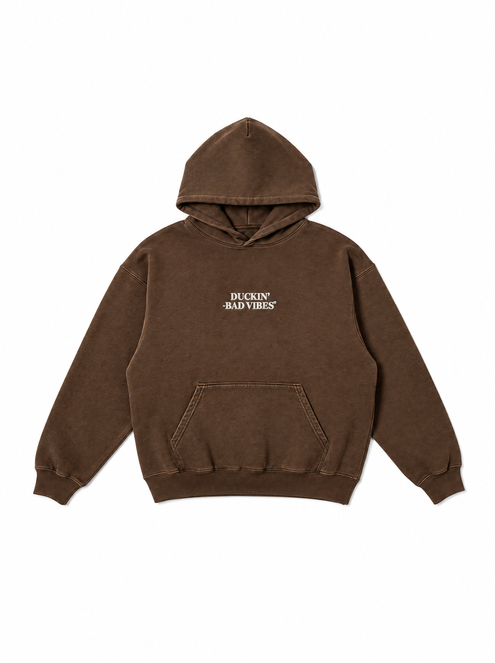 DUCKIN BAD VIBES CENTER LOGO   EMBROIDERED PREMIUM HOODIE (BROWN)