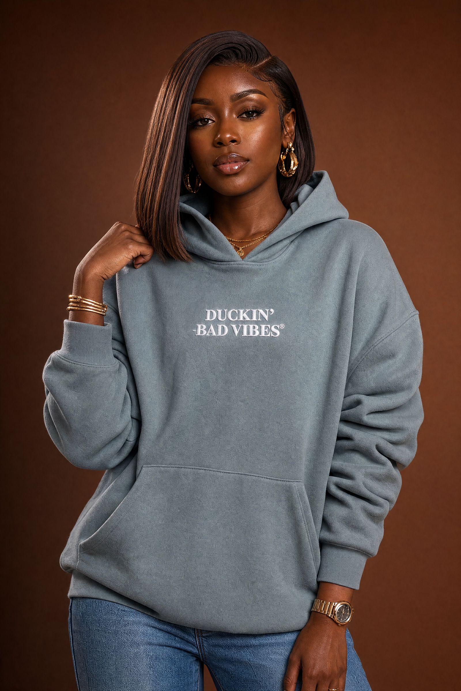 DUCKIN BAD VIBES CENTER LOGO   EMBROIDERED PREMIUM HOODIE (STONE BLUE)