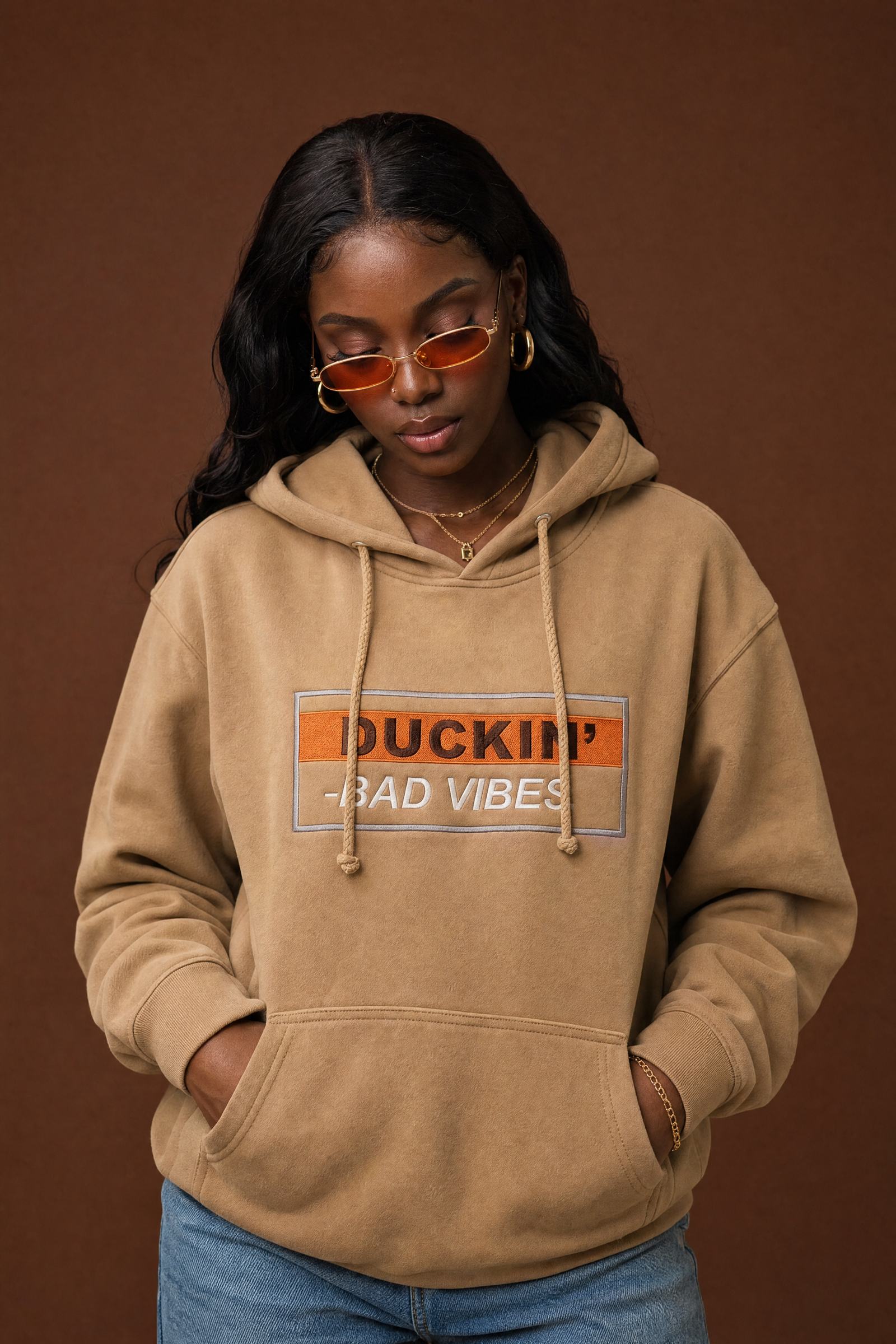 DUCKIN BAD VIBES PREMIUM EMBROIDERED HOODIE (SANDSTONE)